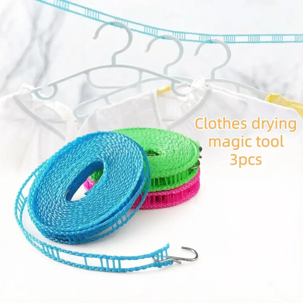 3-Pack Functional Windproof Adjustable Clotheslines Set with Adjustable Hooks - 5m/197in Outdoor Washing Lines, Home Supplies, Camping Essentials, Laundry Tools Accessories