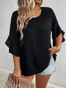 【Plus Size】 Big Size Women's Shirt, Blouse, Casual Top, Loose-Fitting Summer Woven Fabric, Moderate Thickness, Round Neck, Half-Sleeve, Ideal for Plus-Size Women