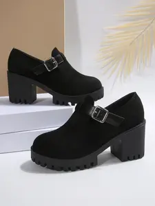 Women's Plain Thick Heel Boots, Fashion Stylish Round Toe High Heels, New Style Comfortable Walking Shoes, Daily Wear Footwear