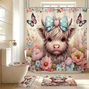 1/4pcs Creative Highland Cow Floral Pattern Shower Curtain Set, Includes 180cmx180cm Shower Curtain, Toilet Lid Cover, and Bath Mat, Waterproof Polyester Material, Shower Essentials, Bathroom Accessory, Perfect Home Decor and Gift Idea