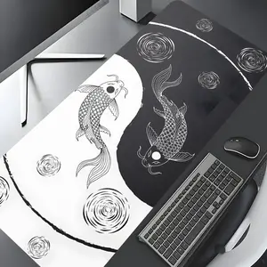 Black and White Yin Yang Koi Fish Extended Design Large Gaming Mouse Pad, Japanese Lucky design Desktop Decoration Pad, Desk Mats, Washable Rubber Pad Non-Slip Lock Edge Multi-Size Mouse Pad Suitable For Home Office, Desk Accessories, Gift