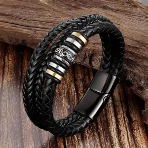Men's Stainless Steel 3 Layer Bangle Braided Leather Magnet Buckle Wristband Punk 8.2'' Bracelet best gift for son