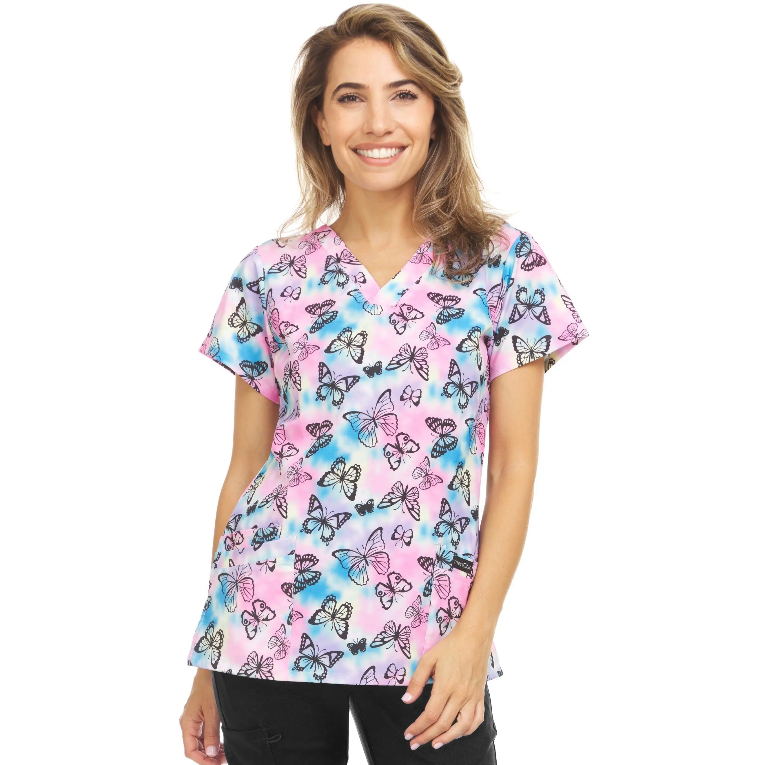Medichic Naomi Tie Dye Butterflies Printed V-Neck Scrub Top