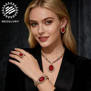 【NEOGLORY JEWELRY】Vintage French Style Fashion Women's Ruby Jewelry Set Four-Piece Ruby Jewelry Series Set Necklace Bracelet Earrings Ring Four-Piece Jewelry Gift Box for Banquets Parties Business Weddings
