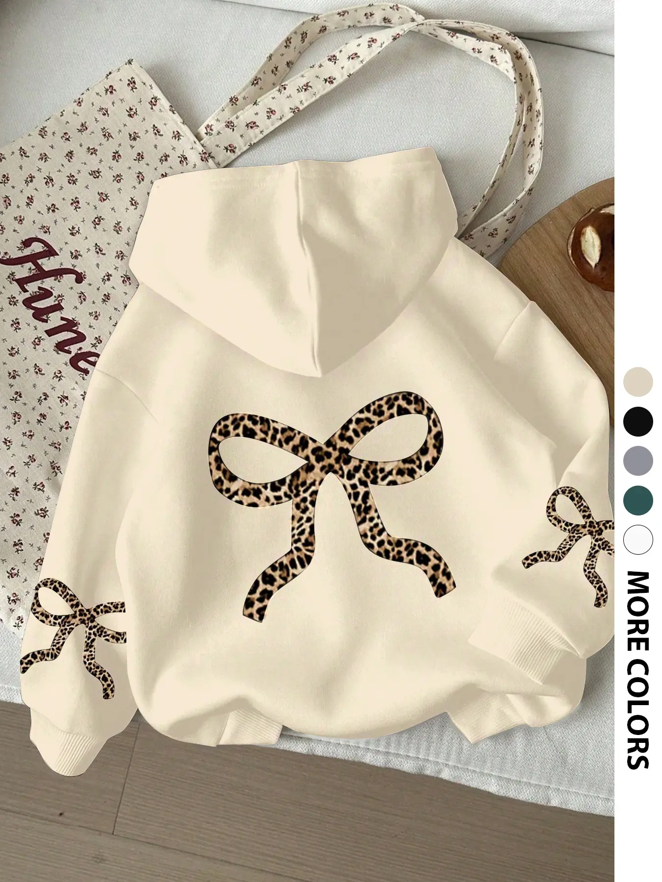Women's Leopard Bow Print Hoodie, Loose Fit Kangaroo Pocket, Drawstring Shoulder Sleeves, Casual Fall Fashion Pullover, Womenswear