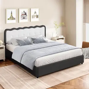 HOMBCK Boucle Bed Frame, Upholstered Platform Bed with Cloud Headboard, Anti-Collision Soft Rounded Corners, No Box Spring Required, Easy Assembly