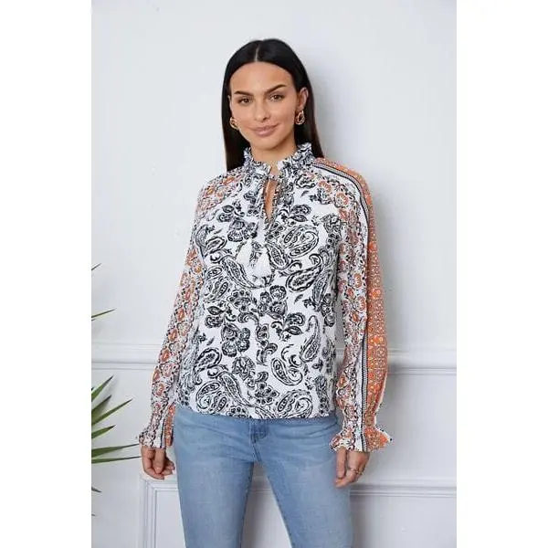 Tassel Tie Neck Printed Smocked Long Sleeve Blouse
