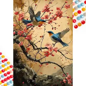 5D DIY Full Drill Round Diamond Painting - Diamond Art Kit, Plum Blossom, Bird, Branch Mosaic, Canvas - DIY Decorative Painting, Home Wall Decor, Suitable for Halloween, Christmas, Birthday and Anniversary Gifts, Diamond Painting Kits