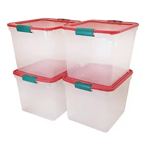 HOMZ 31 Quart Holiday Plastic Storage Container Bin with Latching Lid, 4 Pack Boxes Cover