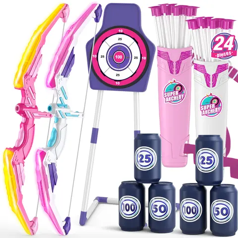 2 Pack Bow and Arrow for Kids, LED Light Up Archery Set with 24 Suction Cup Arrows, 2 Hanging Targets, 6 Score Targets & 2 Quiver,Sport Gifts for Girls，Christmas and Birthday Gifts