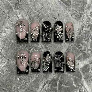 Handmade Y2K Grunge Press On Nails | Silver Cross, Star, French Tip | Medium Square For Emo Baddie Vibes