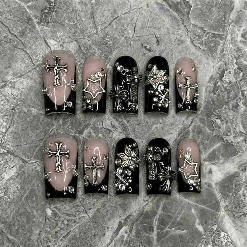 Handmade Y2K Grunge Press On Nails | Silver Cross, Star, French Tip | Medium Square For Emo Baddie Vibes