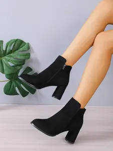 Women's Chunky Heel Round Toe Side Zip Rubber Sole Anti-Slip Casual Versatile Elegant Fashion Booties for Fall & Winter