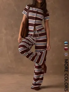 Women's Contrast Stripe Knit Co-ord Set, Crew Neck Short Sleeve Button Front Top, Elastic Drawstring Waist Wide Leg Pants, Soft Stretchy Drapey Fabric, Casual Daily, Loungewear & Commute Wear, Vintage Relaxed Casual Style & 2 Piece, Striped, Womenswear