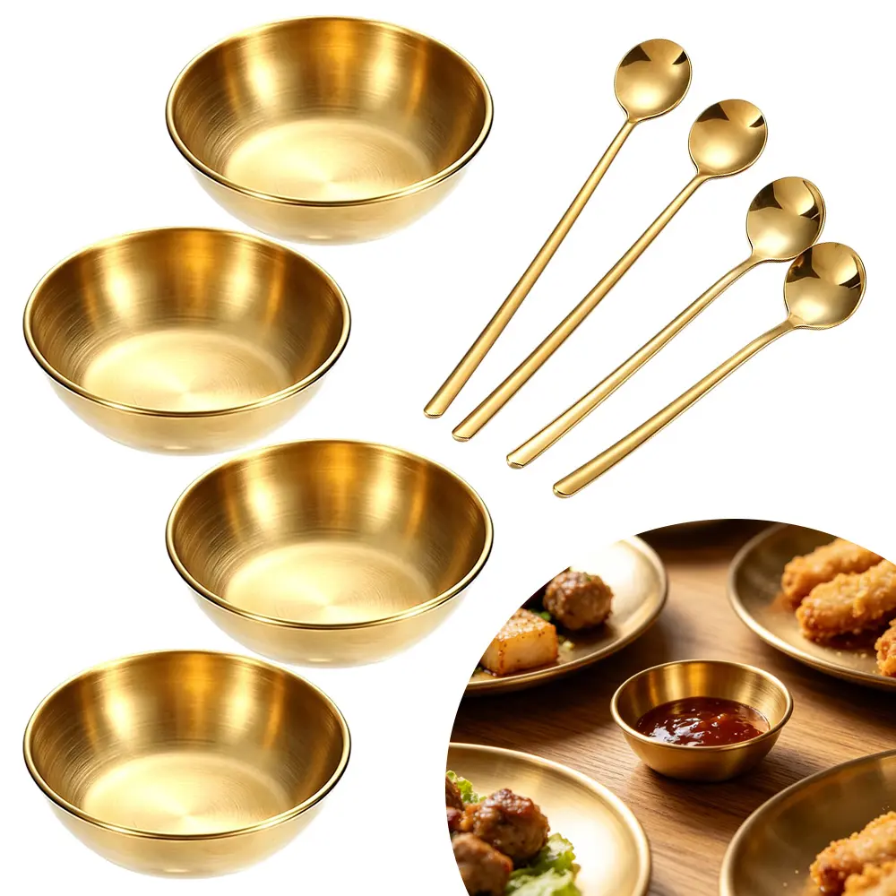 Gold Stainless Steel Reusable Tableware Set (8PCS: 4x 3.2x1.1 in 100ml Mini Round Seasoning Dip Bowls + 4 Spoons) - Compact, Portable, Desk Space Saver for Home, Campfire Parties, Gifts