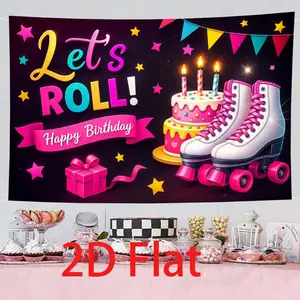 1pc Polyester 2D Flat Roller Skating Birthday Banner - Cake & Gifts Themed Backdrop with "Let's Skate!" Slogan, Suitable for Vibrant Indoor/Outdoor Birthday Celebrations (Home & Festive Party Supplies)