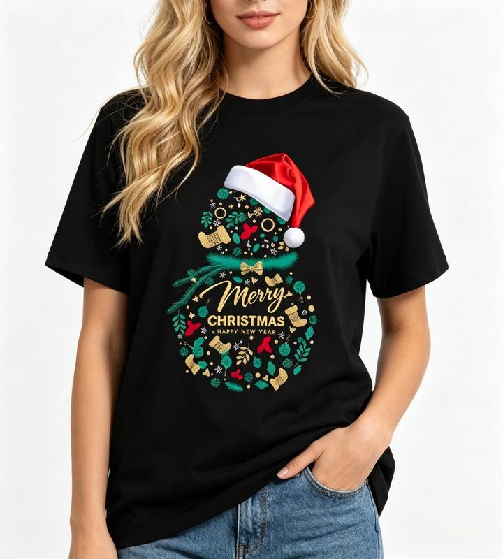 Women's Short Sleeve Crew Neck Pure Cotton T-Shirt - Black, Fitted Cut, Lightweight Comfortable Fabric, Santa Hat & Snowman Collage Graphic, Casual Christmas-New Year Gift #sohochic