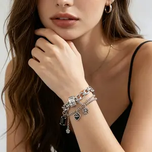 925 Sterling Silver Charm Bracelet, Vintage Heart Cross Pendant String Bracelets, Fashion Stackable Jewelry Accessories, Elegant Classic Wrist Ornaments for Daily Wear, Party Dating & Sweet Holiday Gift