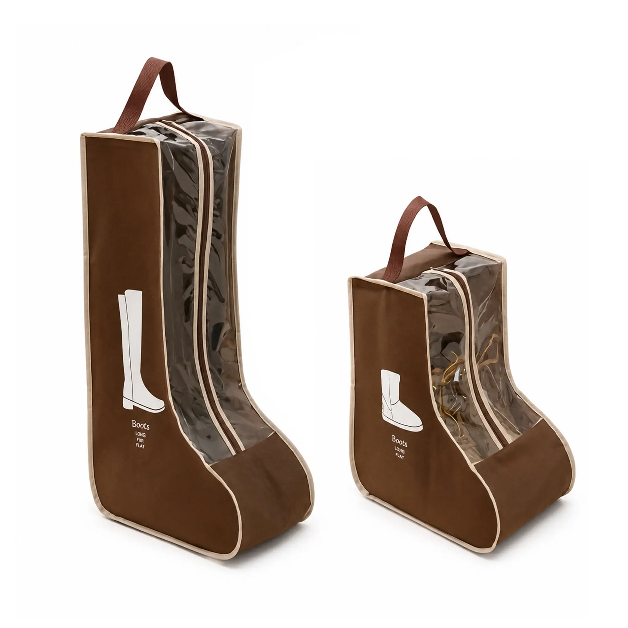 Boot Storage Bags for Tall and Short Boots, Dustproof Boot Bags with Zipper and Handle, for Travel, Closet, Home Storage, Brown (2 Tall + 2 Short)