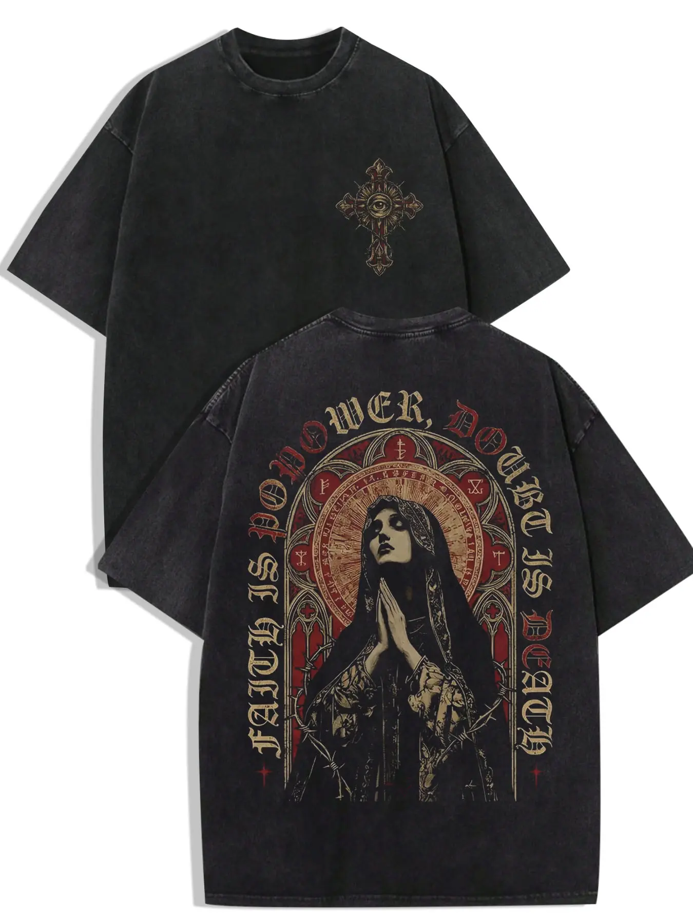 1 PCS Washed Vintage Crew Neck Loose Fit Short Sleeve T-shirt, Front and Back Gothic Praying Lady Cross Faith Letter Graphic Retro Dark Streetwear Tee For Daily Casual Outfits