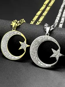 Muslim Islam Full Rinestones Crescent Moon Star Pendant Necklaces Jewel Necklace for Women Men Stainless Steel Gold Color Chain Gift Elegant Rhinestone Necklace