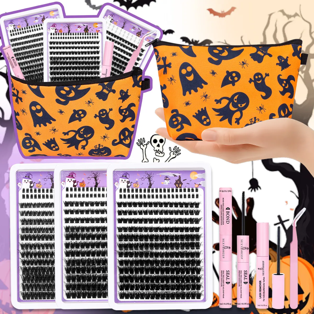 Halloween Dense Eyelash Clusters Lash Kit Gift Packs with Bond&Seal&Remove&Eyelash Tweezers 80D&100D&120D(3D) Volume Individual Lashes False Eyelash D Curl DIY Individual Fake Eyelashes for Beginners Bulk Pack Makeup Bag