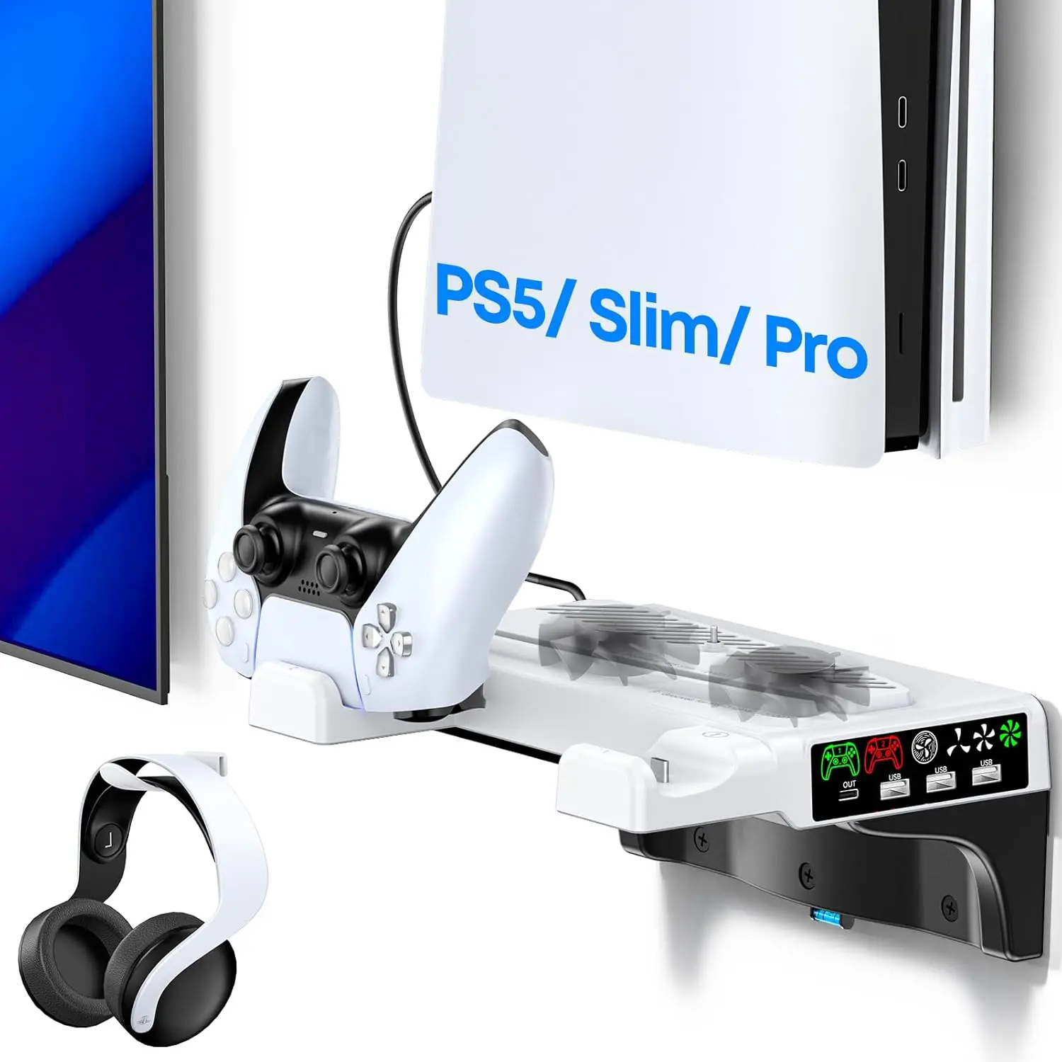 PS5/Slim/Pro Wall Mount Kit with Cooling Fan & Charging Station, PS5 Shelf Floating Mount for All PlayStation 5/Slim/Pro Disc & Digital Console, PS 5 Wall Bracket Behind TV, PS Five Pro Accessories