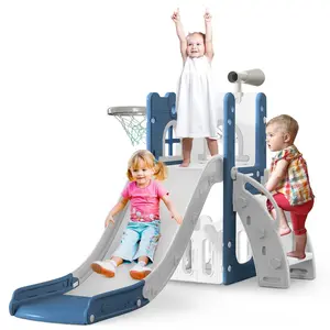 Castle Toddler Slide, 6 in 1 Kids Indoor Slide for Toddlers 1-3, Baby Slide for Indoor Outdoor with Basketball Hoop and Telescope, L Shaped Slide for Kids Toddler Slide Playset (Blue&Gray)