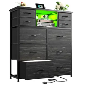 【Dresser for kids bedroom】39.5‘’H Raybee 10~15 Fabric Drawers Dresser for Bedroom with Charging Station & LED Light, Sturdy Chest of Drawers with 2 Open Wooden Shelves,Space-Saving Bedroom Dresser for Storage,Easy to assemble with clear instructions,Black