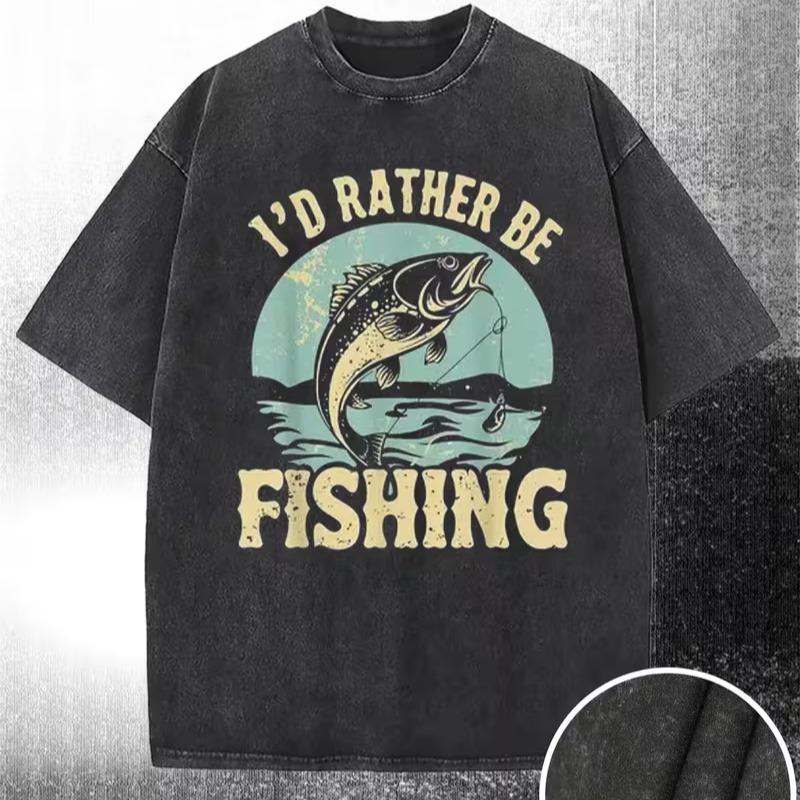 Men's Vintage Washed Cotton Soft Print Loose Oversized Short-Sleeve Breathable Streetwear Bass Fish Graphic Tee - Angler Gift for Casual, Outdoor Use