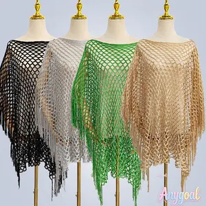 Anygoal Women’s Crochet Fringe Hollow Out Beach Coverup Shawl,  Metallic Knit Sheer Mesh Swimsuit Cover with Tassel Trim, Lightweight Breathable Cape for Beach Vacation, Pool Party, Summer Travel and Festival Wear  Dress for Women Fit summervibes