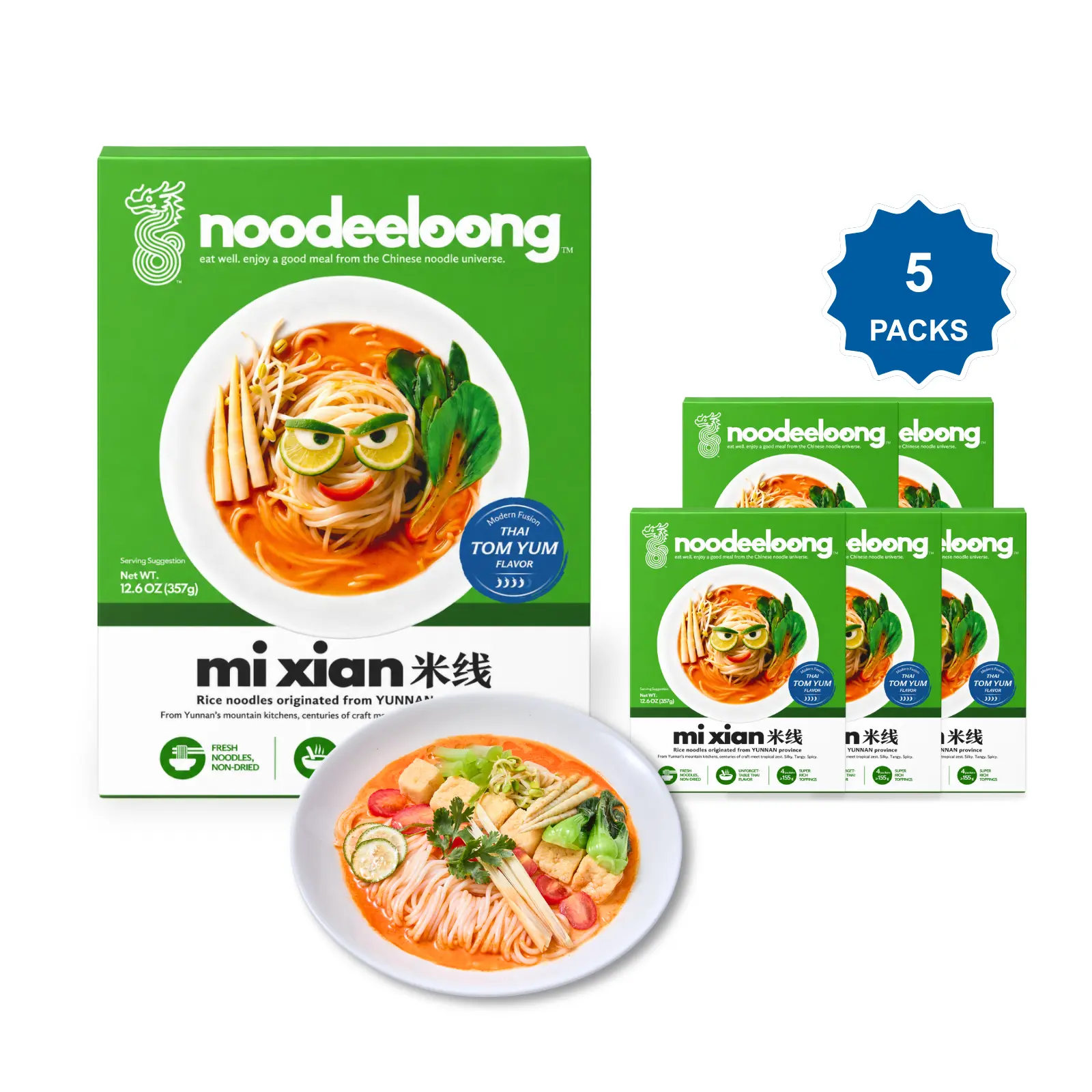 noodeeloong Authentic Thai Tom Yum Rice Noodle Soup, Premium Plant-Based Asian Meal Kit with Tofu Puffs, Rich Soup Base & Bamboo Shoot, 15g Protein Noodles, Vegan, Ready in 4 Mins, 12.6 oz (Pack of 5)