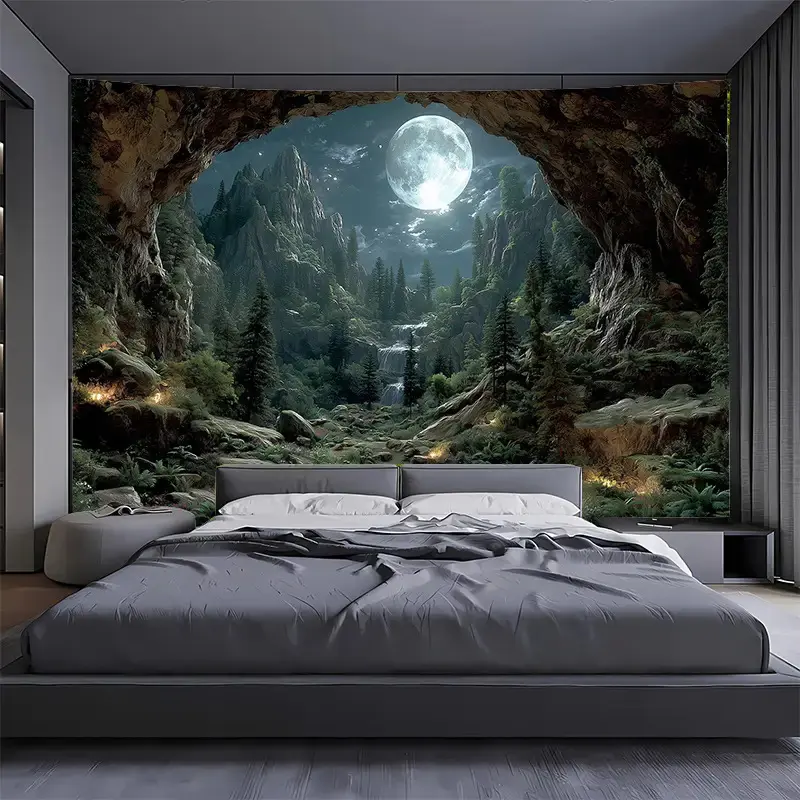 1pc Extra Large Cave Rock Waterfall Moon Tapestry - HD Landscape Print with Full Moon, Lush Greenery & Cascading Waterfalls - Nature-Themed Wall Hanging for Living Room, Bedroom, Dorm, Party Decor - No Electricity Needed - Perfect Birthday or Housewarming