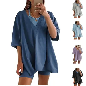 Womens Oversized 2 Piece Shorts Set V Neck T Shirt Biker Shorts Workout Hot Shot Reversible Set