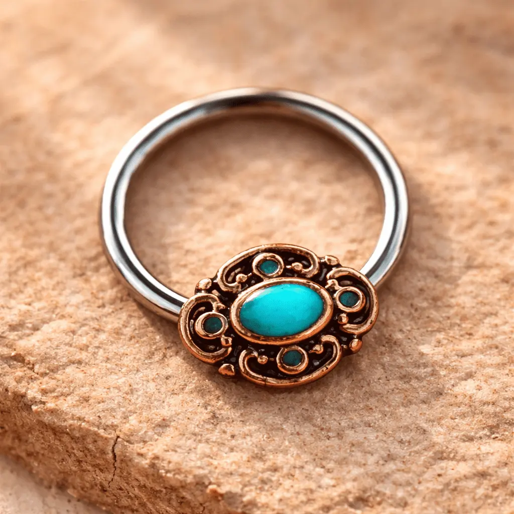 Stainless Steel Teal Ornate Bead Snap-in Captive Bead Ring / Septum Ring