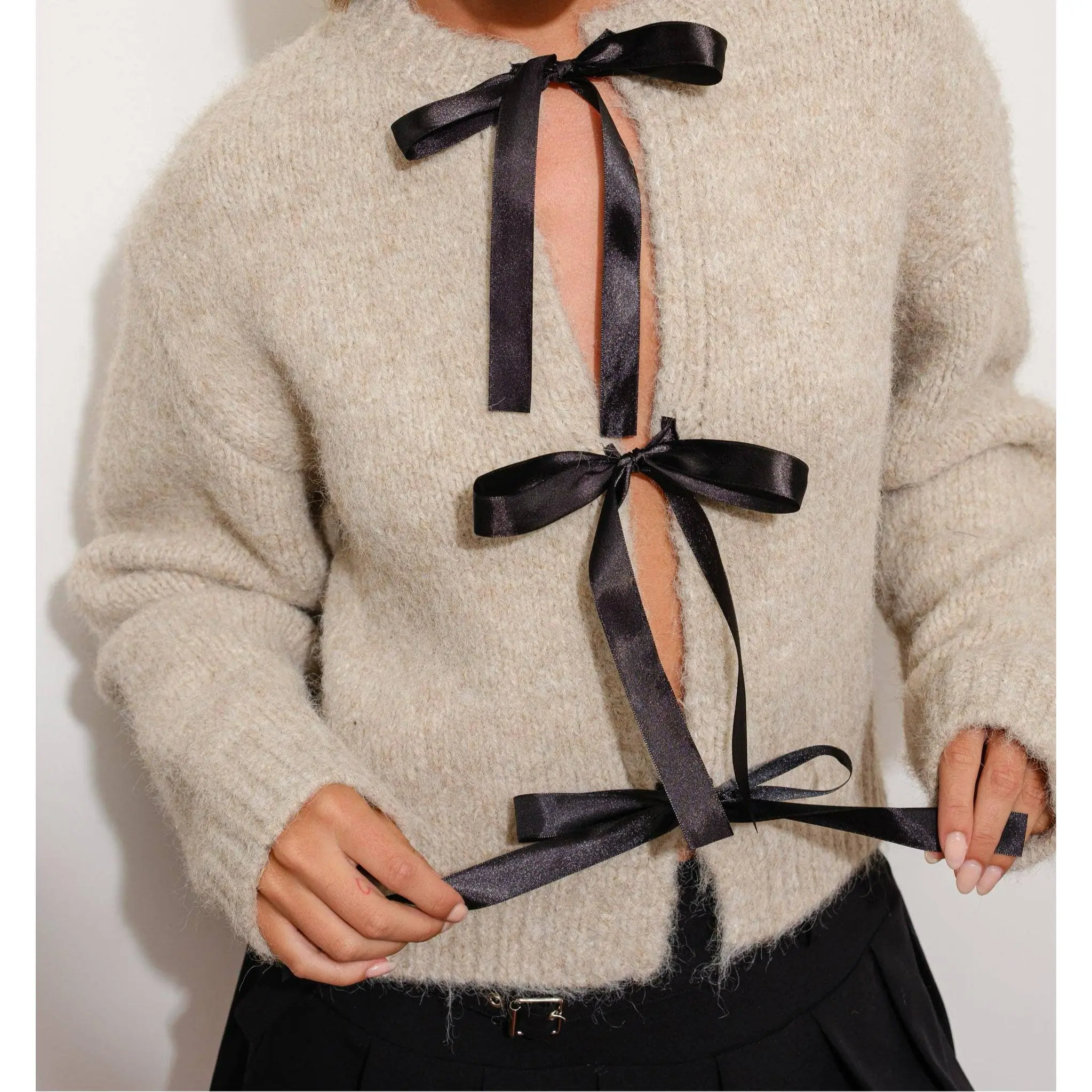 SOPHIE SATIN BOW CARDIGAN - SAND