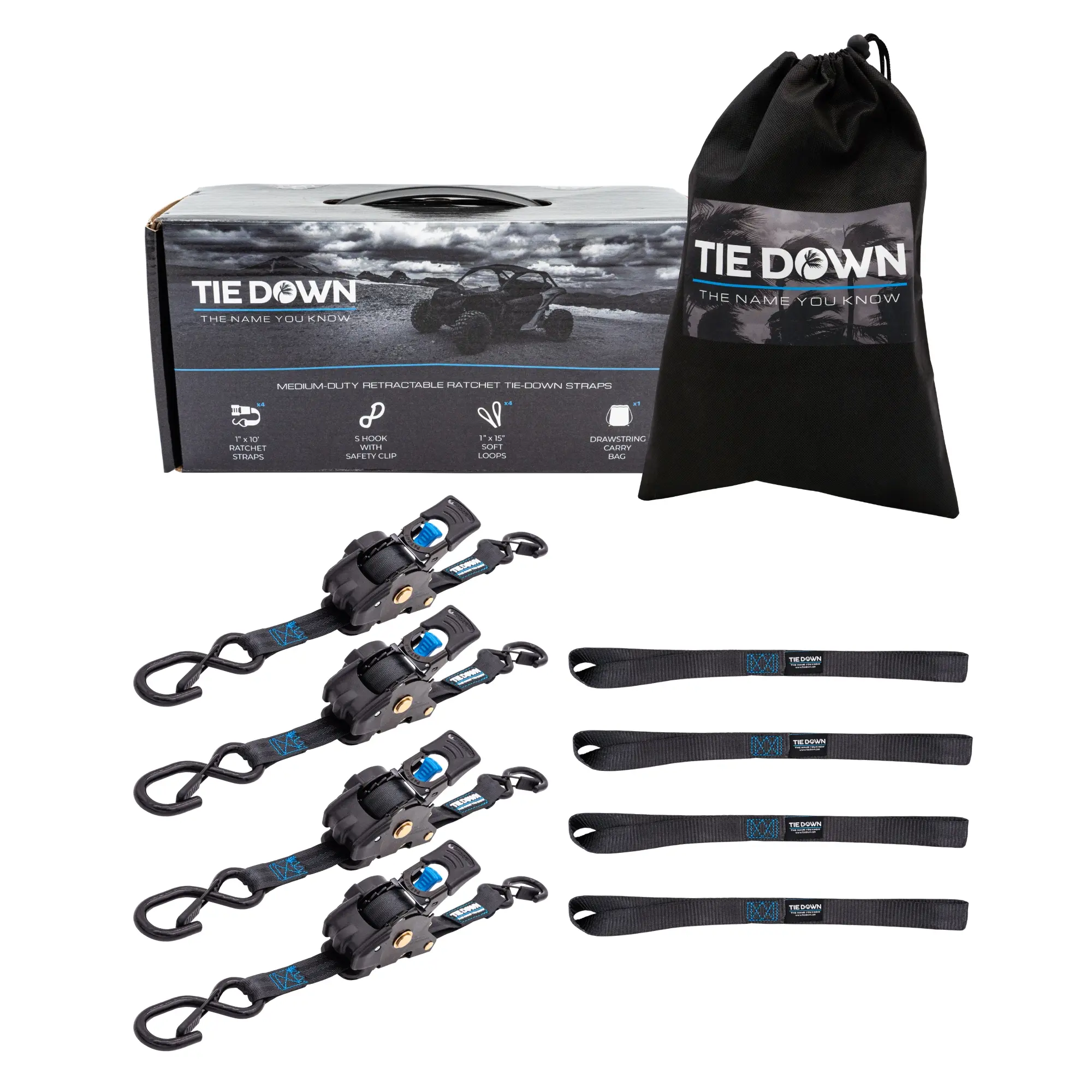 Tie Down 1 in. X 10 ft. Black Retractable Ratchet Strap, 4-Pack Kit (4-Pack)