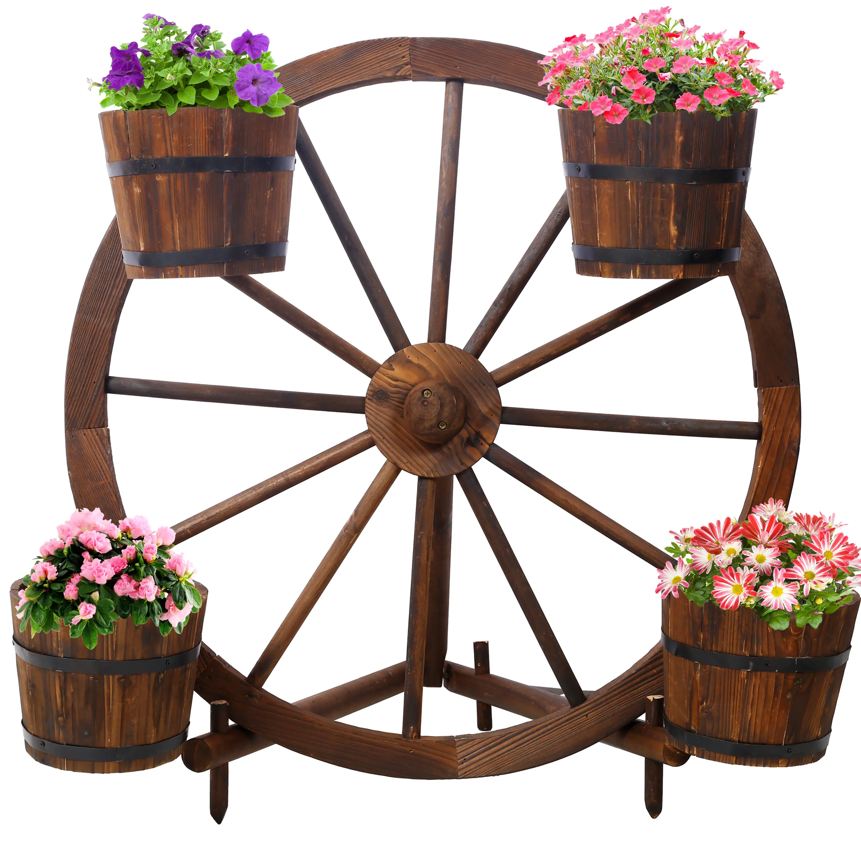 Rustic Wooden Planter - High-Quality Fir Wood Classic Wagon Wheel Design, 4 Metal-Banded Barrels with Trellis Box, Easy-Care Outdoor Garden Accessories Flower Pots & Planters for Indoor/Outdoor Home Decor Stand