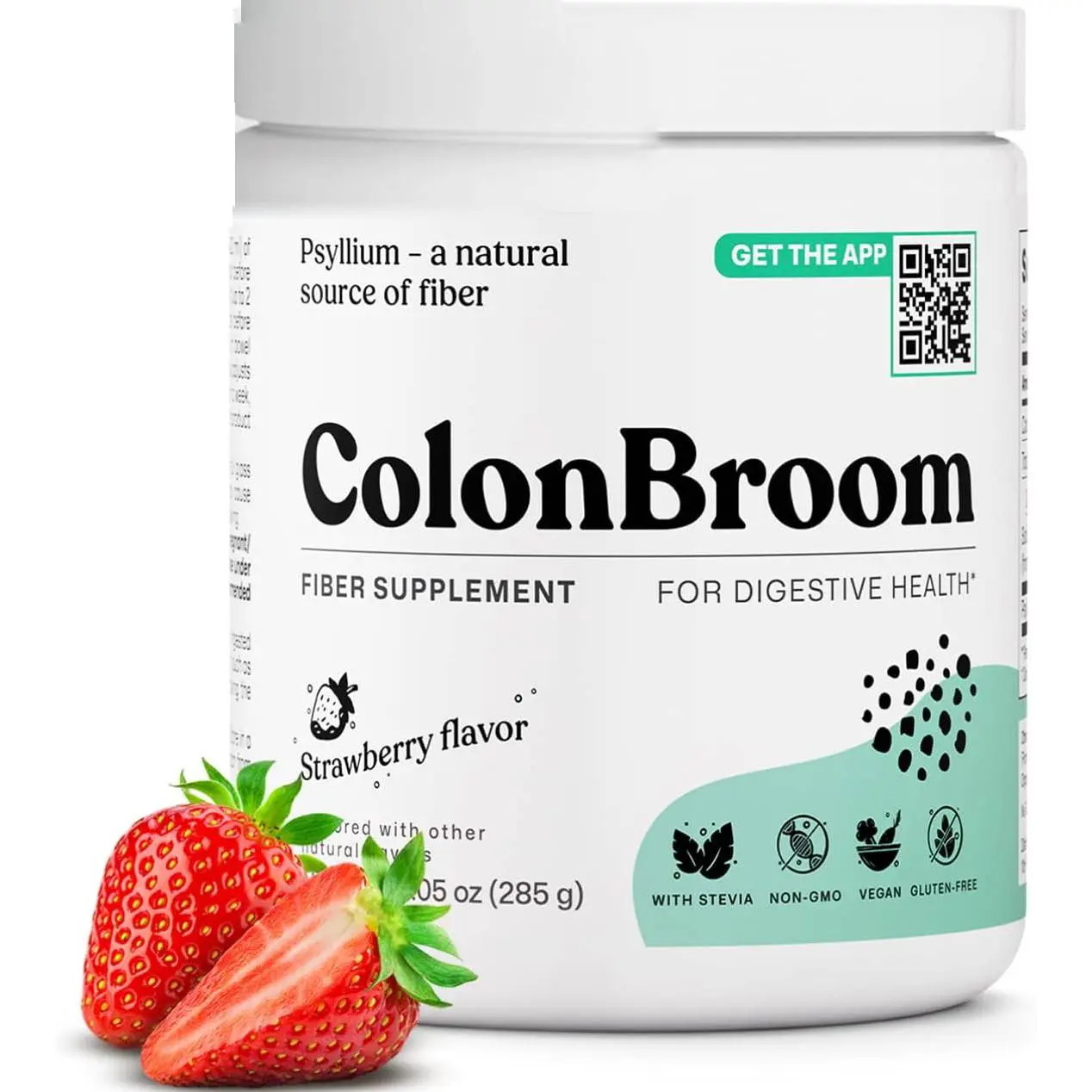 ColonBroom Psyllium Husk Fiber Powder, Strawberry, Gut Health, 100 Servings | Colon cleanse drink for bloating relief and regularity; vegan, gluten free, non-GMO, easy to mix, sugar free*