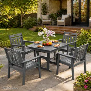 ARCH HDPE Plastic Outdoor Patio Dining Set - 1 Table, 4 Chairs, 380lb Capacity, Oversized Textured Finish Seat, Wide Armrests, Pre-Assembled, Sunshade Holes, Waterproof Grey Furniture for Lawns, Backyards, Patio Furniture Sets, Porch Furniture Set