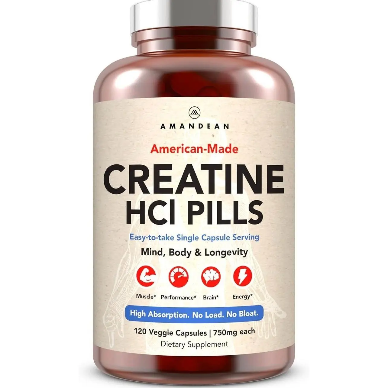 AMANDEAN Creatine HCl Pills. American Made CON-CRET. 120 Capsules. 7X Concentrated vs Monohydrate Powder. No Bloat. Muscle, Energy, Cognitive, Recovery Support for Men & Women. Gluten Free, Non-GMO.