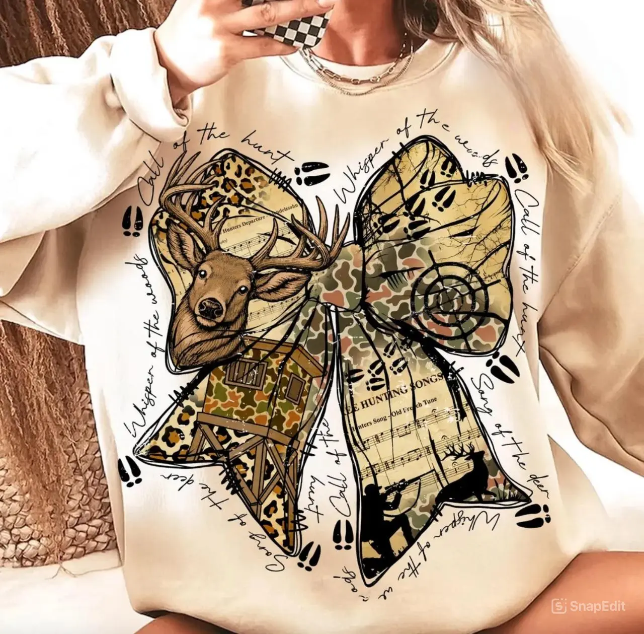Camo Hello Hunting Coquette Sweatshirt, Whisper Of The Woods Hoodie, Call Of The Hunt Shirt, Song of The Deer Shirt, Hunting Gift, Coquette Deer Shirt