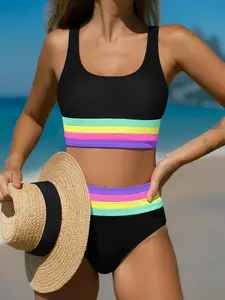 Popvil Women‘s Sport Colorblock Bikini Set, Highr-Waisted Tummy Control bottoms & Adjustable Strappy Back, Comy Neon Swimsuit for Beach