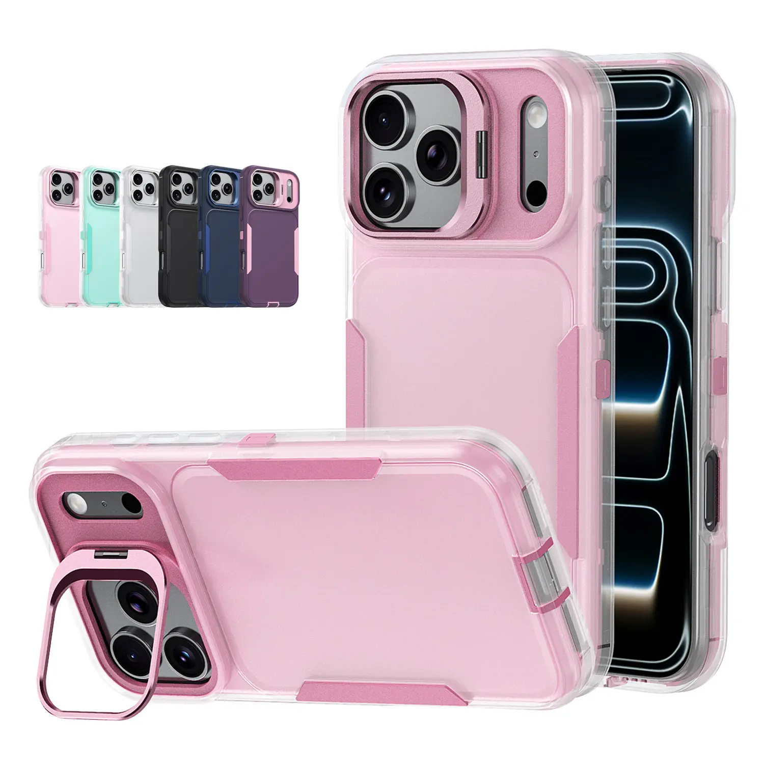 OREKROY Military Grade Rugged Phone Case for iPhone 18 17 Pro Max 16 15 14 13 12 , Dual Layer Hard PC & Soft EVA Shockproof Cover with Alloy Camera Lens Ring Built-in Kickstand, Full Body Raised Edge Anti-Drop Shockproof Protective Phone Bumper Cover