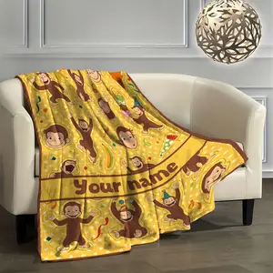 Customizable Personalized Flannel Fleece Blanket, Cartoon Monkeys Print, Warm Comfortable Throw, Decorative Bedding for All Seasons, Contemporary Style, Polyester Cover, Digital Print, Knitted Fabric,