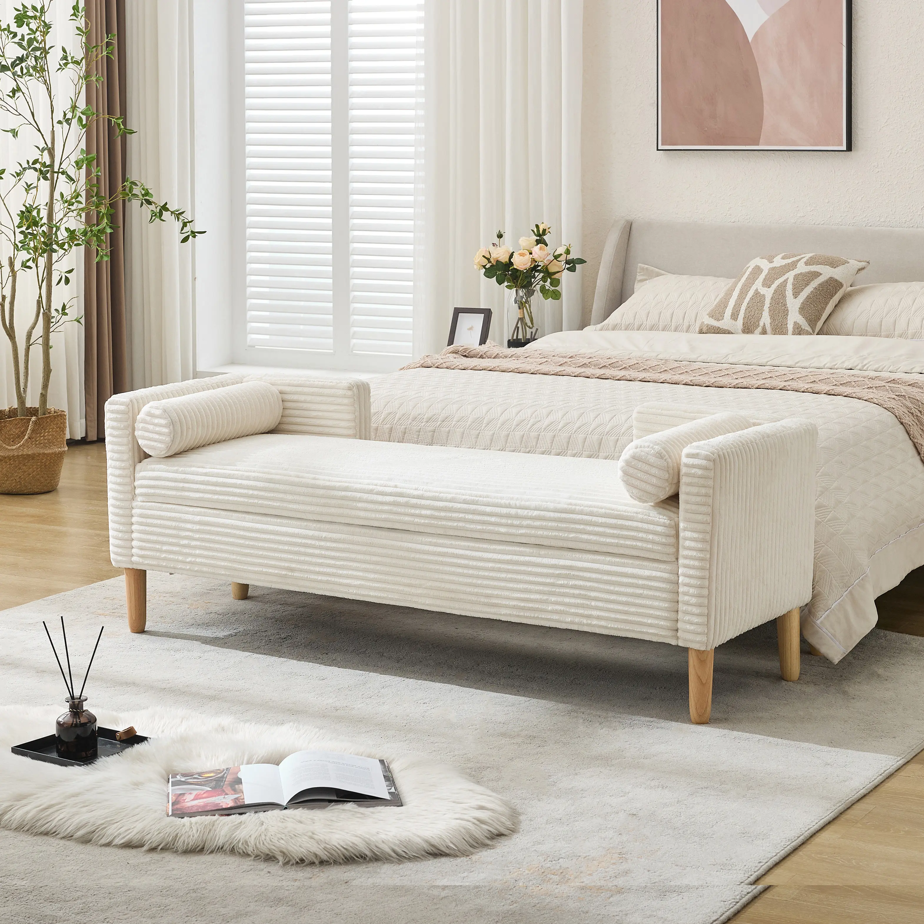 Corduroy Upholstered Flip-top Storage Accent Bed Stool - 65.35in Wide, 58.66x18.11x14.76in, 350 lbs Capacity, Armrests, Backrest, 2 Bolster Pillows, Wood Legs, Soft, Single Box, Extra Guest & Windowsill Use, Assembly Required, for Living Room, Bedroom, 35
