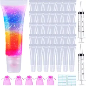 50 count Lip Gloss Tubes 10ml Empty Lip Balm Containers Refillable Lipgloss Squeeze Tubes with 2 x 20ml  5 count Organza Bags & Tag Labels Stickers for DIY