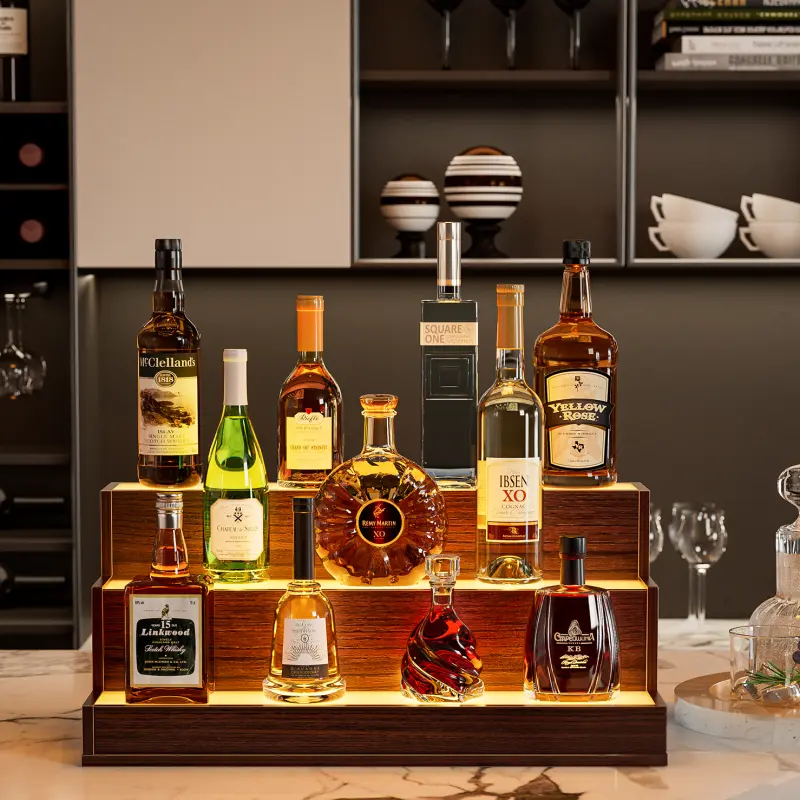 [Bellemave]LED Lighted Liquor Bottle Display Shelf,  20/24/37/ Inch Bar Display Shelf, DIY Illuminated Bottle Shelf with App & Remote Control, 3 Step Freestanding Holding Bottles for Home Bar, Party, Walnut