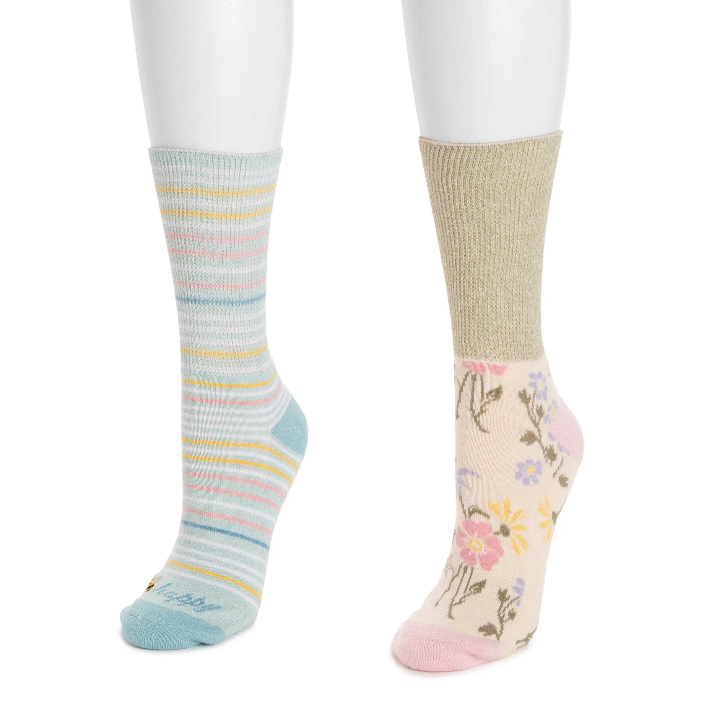 Women's 2-Pack Floral Mid-Calf Socks - Non-Binding, Comfy, Slip-Resistant, Casual, Secure Fit, Bleach-Free, Antislip, Colorful, Bleach-Free Mid-Calf Socks, Antislip Mid-Calf Socks