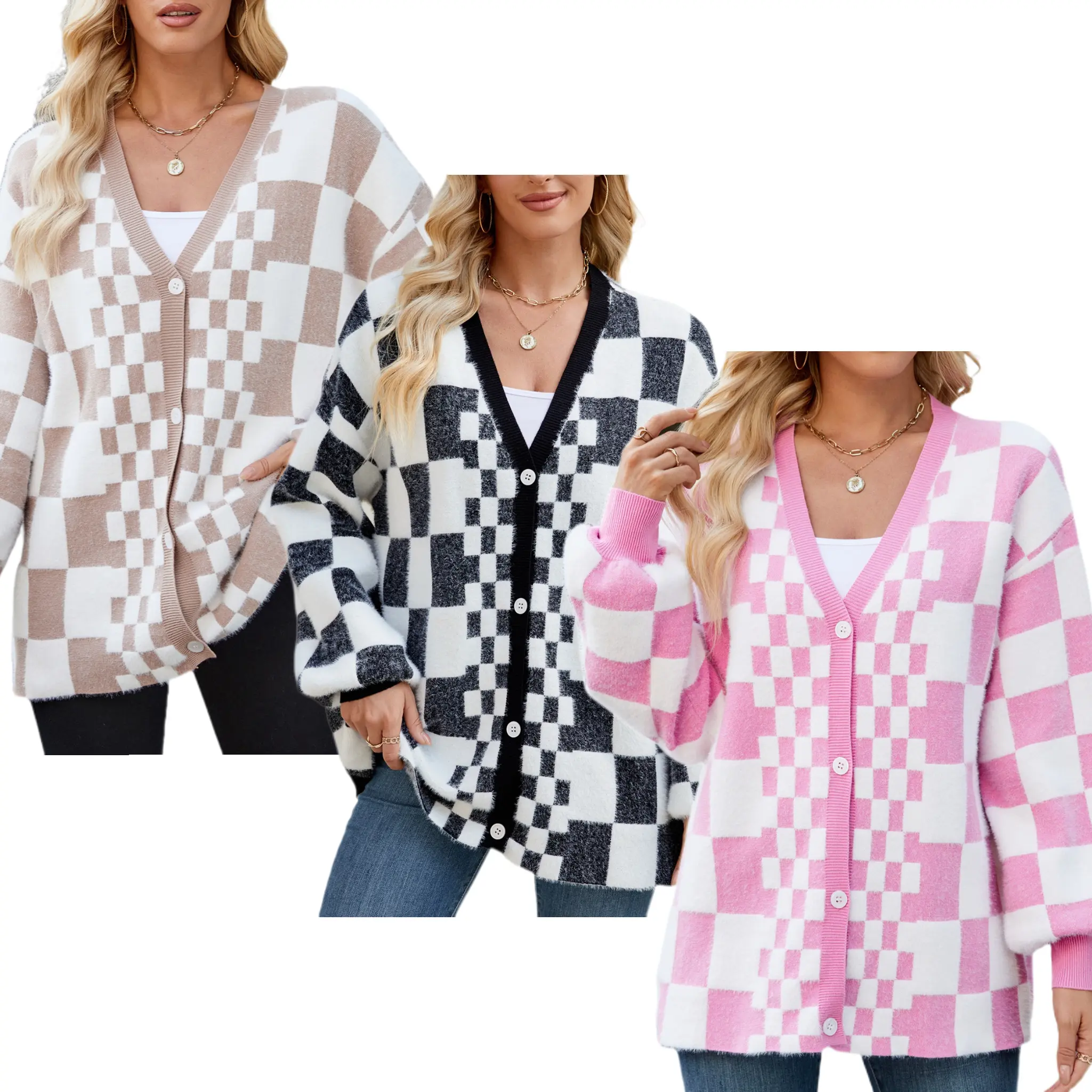JUNBAOSS Women's Elegant Plaid Cardigan, Oversized Long Sleeve Button-Down Ribbed Knit Sweater for Work, Casual Halloween Wear, Baggy, Knitwear, Fabric, Fit, Foldable, Checkered, Long Sleeves, Cute, Draped, Korean, Retro